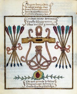 Katolska kungars motto. Emblem av katolska kungar. Miniatyr i "" Devotorio de la Reyna Da Juana som de kallade La Loca"" av Pedro Marcuello av Unknown artist