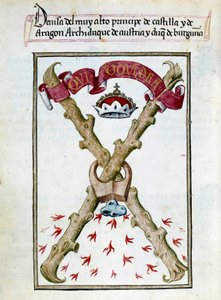 Motto för hertigarna av Bourgogne. Manuskriptsida hämtad från "" Collection of devotion of Queen Joan the Folle (1479-1555) of Spain"" av Pedro Marcuello ("Devotional of Queen Da Juana who was called the Madwoman") 1400-talets Chantilly, Musee Conde av Unknown artist