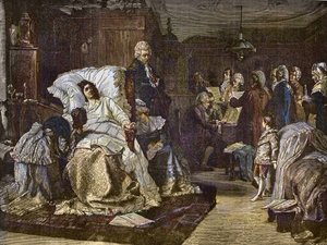 Mozarts sista dagar efter målning av Hermann Kaulbach (1846-1909) - Gli ultimi momenti di Mozart - sista dagen av Wolfgang Amadeus Mozart - gravyr i den berömda veckotidningen "" Popular Music """ - 1882 av Unknown artist