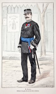 Mr Roudil, fredsofficer för biltjänsten. Etsning i färger, för illustration "" History of the Corps of Peacekeepers""" bok publicerad under beskydd av Louis Lepine (1846-1933), prefekt för polisen på Seine, av Alfred Rey (1864-?) och Lo av Unknown artist