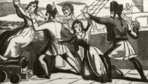 "Mrs Glass och hennes dotter vädjar till piraterna att rädda deras liv", ca 1836 av Unknown artist