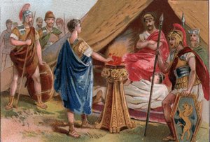 Mucius Scaevola före Porsenna (Micius Scaevola före Porsenna). Caius Mucius Scaevola, en ung romersk patricier tillfångatagen av det kungliga gardet i Porsenna (Porsinna, Porsena) av Unknown artist