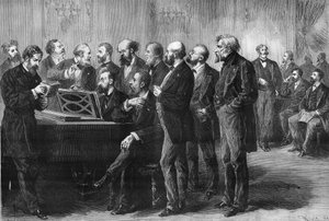 Musikalisk tävling av staden Paris 1878. Juryn vid Palais du Luxemburg granskar partituren "Pardis lost" och "Mug". Från vänster till höger: Column, Perrin, Cherouvrier, Gounod, Boulanger, Camille Saint Saens (Saint-Saens), Lenepveu, vaucorbe av Unknown artist