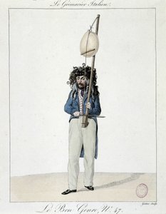 Musiker på gatan: den italienska grimacier - gravyr, Carnavalet. av Unknown artist