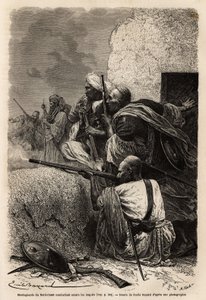 Muslimska bergsklättrare bosatte sig i bergen i Svat och kämpade mot en engelsk expedition 1863 för att stoppa plundringen av byar i regionen. Gravyr för att illustrera berättelsen om Pandjab och Kashmir, av Guillaume Lejean 1866, publicerad i "" Le tour d av Unknown artist