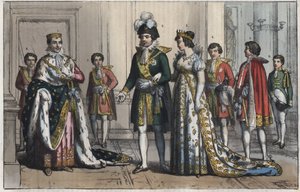 Napoleon Bonaparte (1769-1821), som kung av Italien - Vicekung (vicekung) - en vicekungs hustru - Butler - Lord Chamberlain - Page-boy - equerry - ceremonimästare - gravyr från "" Seder och seder av alla folk i universum. Eller regeringens historia, av Unknown artist
