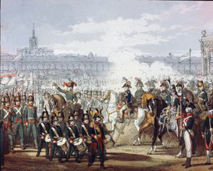 Napoleon Bonaparte (1769-1821) recenserar den lombardiska och cispadanska legionen av milisen den 09/07/1797 akvarellgravyr. Milano, Museo del Risorgimento av Unknown artist