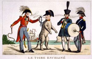 Napoleon I i en kedjad tiger som hålls av en brittisk officer med en piska. Ryssland och Österrike spelar musik intill. Tecknad film 1815. av Unknown artist