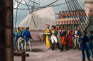 Napoleon anförtror sig till den brittiska tron - Napoleon Bonaparte ombord på Bellerophon, det brittiska skeppet som ledde honom till exil vid St. Helene (St. Helene) den 15 juli 1815 - Napoleon den store överlämnade sig själv till den brittiska nationens  av Unknown artist