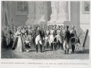 Napoleon anförtror imponen och hennes son, kungen av Rom, till nationalgardet (23 januari 1814) - i "Fasttes de Gardes nationales de France"" av Unknown artist