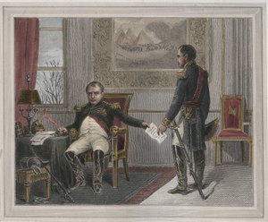 Napoleon undertecknar sin abdikation 1814 - Napoleon Bonaparte (1769-1821) i Fontainebleau under sin första abdikering, undertecknad i april 1814 Gravyr i "Les Fastes Populaires, ou Histoire des acts heroiques du peuple et de son influence sur les sciences av Unknown artist