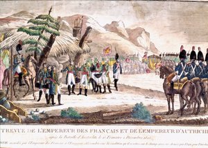 Napoleonkriget: Napoleon I möter kejsar Francois II efter slaget vid Austerlitz den 2/12/1805. Gravyr av 1800-talet. av Unknown artist