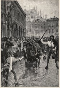 Napoleons abdikation uppmuntrar till upplopp i Milano, och Giuseppe Prina, den impopulära finansministern, dras runt på gatorna och dödas slutligen av folkhopen på Piazza San Fedele i Milano, den 20 april av Unknown artist