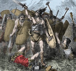 Narses övervinner östgoterna - invasioner av barbarerna: Narses (478-573) Bysantinsk general, eunuck, av kejsar Justinian I segrare mot östgoterna i slaget vid Taginae, Italien, år 552. Färgstick från 1800-talet av Unknown artist