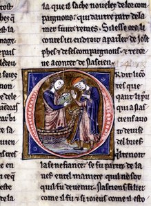Nascion tar emot boken (?). Manuskript: Erövringen av Saint Gréal, skrivet 717 år efter vår herres passion. Bibliotheque Municipale de Rennes, ms. 255 (Samling av romaner av det runda bordet); Paris av Unknown artist