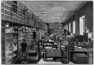 Nationalbiblioteket i Paris: Katalogkontoret. På övervåningen finns pjäsens lådor. Gravyr i "" La Nature: revue des sciences et de leurs applications aux arts et a l