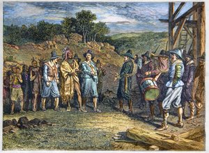 Ursprungsbefolkning i Amerika: indianer. Nybyggarna träffade Massasoit (1590-1661) även känd som Ousamequin "Yellow Feather"" chef för Wampanoag-stammen, Plymouth Colony, år 1620. Wampanoag-ledaren Massasoit besökte kolonister i Plymouth av Unknown artist