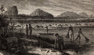 Nära grå starr i Rovuma (Moçambique), fiskeaktiviteterna för fisken. Gravyr för att illustrera Dr. Livingstones första resor till södra Afrika från 1840 till 1856, i "Le tour du monde, nouveau journal des voyages"" publicerad under direktivet av Unknown artist