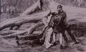 Ned Kelly tillfångatagen av poliskonstapel Kelly och järnvägsmannen Jesse Dowsett, 28 juni 1880 (gravyr) av Unknown artist
