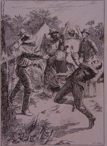 Ned Kelly dödar poliskonstapel Lonigan vid Stringybark Creek 1878 (gravyr) av Unknown artist