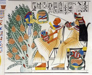 Nephtys, egyptisk gudinna, springer ut ur det mystiska trädet och erbjuder mat till den avlidne - i "Monument of Egypt and Upper Nubia" av Ippolito Rosellini (Rossellini). 1800-talet. av Unknown artist
