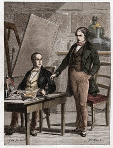 Niepce läser för Louis Daguerre lbeskrivningen av heliografi, för fixering av bilder från camera obscura - Nicephore Niepce (1765-1833), fransk uppfinnare, fotografisk pionjär som läser för Daguerre beskrivningen av hans metod för fixering av i av Unknown artist