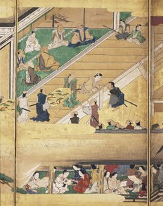 Noh Play: Funa Benkei (bläck, färger och guld på papper, skärm med sex paneler) av Unknown artist
