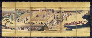 Noh Play: Funa Benkei (bläck, färger och guld på papper, skärm med sex paneler) av Unknown artist