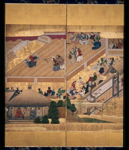 Noh Play: Funa Benkei (bläck, färger och guld på papper, skärm med sex paneler) av Unknown artist