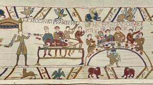 Normandiska tjänare förbereder en bankett för William och biskop Odo välsignar måltiden, Bayeux Tapestry (ullbroderi på linne) av Unknown artist