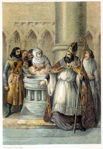 Notger (930 - 1008), eveque av Liege, under dopet av Otton III (980-1002), kung av Tyskland. Kromolitografi av 1800-talet. av Unknown artist