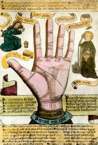Ockulta vetenskaper: handen med sina linjer för att läsa framtiden. Tallrik tagen från en handfräs av Unknown artist