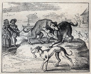 Gammalt engelskt ordspråk: två hundar strävar efter ett ben och den tredje tar bort det av Unknown artist