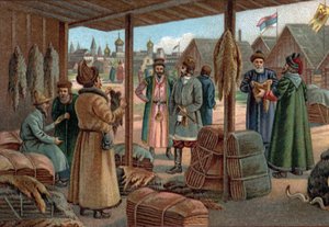 Gamla köpcentra: Pälsmässan i Novgorod (Veliky Novgorod), Ryssland under 1800-talet. Kromolitografi från slutet av 1800-talet av Unknown artist