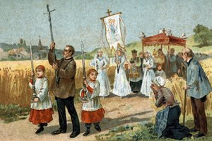 Gammal sed som firas i Berry-regionen: processionen i vetet. Religiös högtid. Kromolitografi från slutet av 1800-talet. av Unknown artist