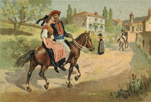 Gammal sed som firas i regionen Provence: sammankomsten av Camarguais. Kromolitografi från slutet av 1800-talet. av Unknown artist