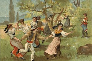 Gammal sed som firas i Provence-regionen: farandole för skördefester för silkesmaskar. Kromolitografi från slutet av 1800-talet. av Unknown artist