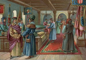 Gamla köpcentrum: linnehall i Brygge, Belgien på 1400-talet. Kromolitografi från slutet av 1800-talet av Unknown artist