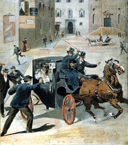 Den 16 juni 1894, i Rom, sköt anarkisten Paolo Lega en revolver mot Francesco Crispi, ordförande för det italienska rådet. Illustration av perioden. av Unknown artist