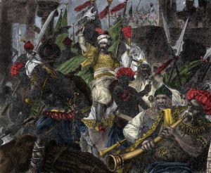 Den 29 maj 1453, stormning av Konstantinopel av Muhammed II, sultan av Osmanska riket - Erövring av Konstantinopel: armén av den osmanska sultanen Mehmet II (Mehmed II erövraren eller Muhammad II Fatih) (1430-1481) belägrade staden i Konstantinopel 1 av Unknown artist