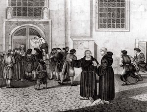 Den 31/10/1517 satte Luther upp på portarna till Wittenbergs slott sina 95 teser "" som fördömde försäljningen av avlatsbrev och som markerade början av reformationen - grav. av Unknown artist