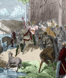 På tröskeln till slaget vid Vouille (507) hittar Clovis I, efter en då, en gubbe på Wien avslöjad av liljor. Han bär blomman som ett segerlöfte och tar den sedan som sitt emblem. Gravyr i "" Histoire De France En Cent Paintings"" av Paul Lehuge av Unknown artist