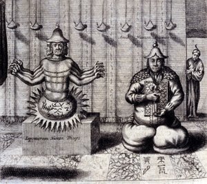 Till vänster har hinduisk gudom åtta armar, till höger Amida, japansk Buddha. "De China Monumenta" av Athanasius Kircher (1601 - 1680), jesuit, orientalist och tysk forskare, Amsterdam 1667. av Unknown artist