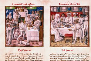 Till vänster festen Assuerus 1:a (Xerxes 1:a). Till höger, Jobs barns högtid. Miniatyr från manuskriptet "" Le Miroir de l