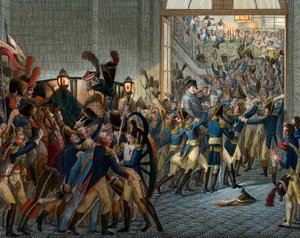 Hundra dagar: "" Napoleon Bonaparte (1769-1821) återvände från sin exil på ön Elba - triumferande inträde den 20 mars 1815 i Palais des Tuileries - Gravyr 1800-talet av Unknown artist