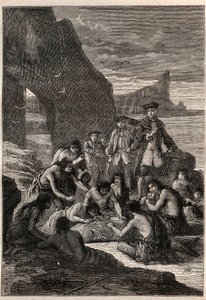 En av dem frikopplad med tänderna: viceamiral John Byron (1723-1786) på en av öarna i Detroit of Magellan - Fuegians (invånare i Tierra del Fuego) decouperar med sina tänder en val som hade slitits och förstenats på stranden - sjuk av Unknown artist
