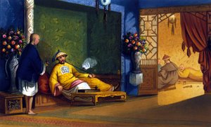 Opiumfumeri i Kina, gravyr omkring 1830. av Unknown artist