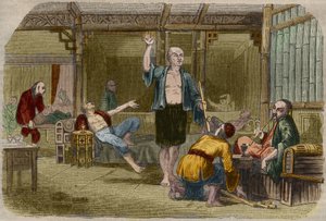 Opiumrökare i Kina i mitten av 1800-talet. Gravyr från 1857 i "" Le Musee Des Sciences"" av Unknown artist