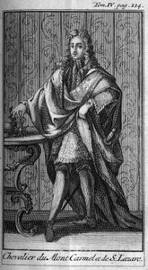 Ridderorden. Riddare av berget Karmel och Saint Lazarus i Frankrike på 1600-talet. I "" Historia om militära order eller riddare, om seculiere och reguljära miliser av båda könen, som har etablerats fram till nu. Upplagan hämtad från Abbe Giust av Unknown artist