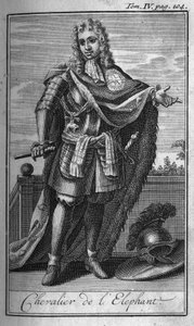 Ridderorden. Riddare av elefanten i Danmark på 1400-talet. I "" Historia om militära order eller riddare, om de säkra och rutinmässiga miliserna av båda könen, som har etablerats hittills. Upplagan hämtad från Abbe Giustiniani, R.P.Bonani, M av Unknown artist